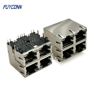 2x2 4 منافذ PCB 32 دبوس موصل RJ45 مع ضوء LED أصفر أخضر