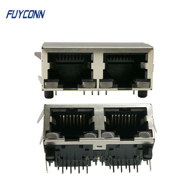 2 منافذ 16 دبوس PCB الزاوية اليمنى أنثى موصل RJ45 مع عازل PBT